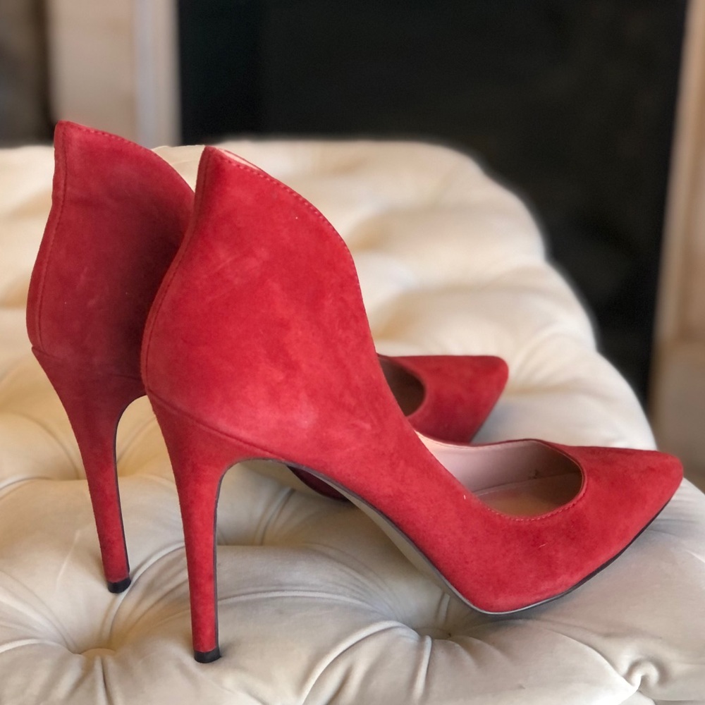 Red suede pointy toe heels